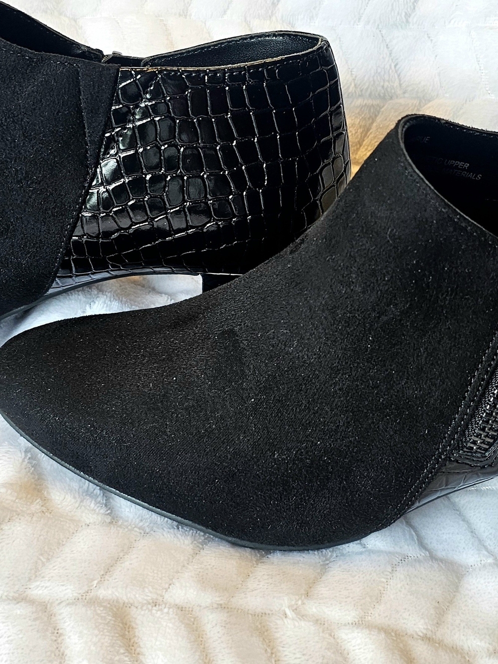 East 5th Black Suede Ankle Booties with Croc-Texture Heel